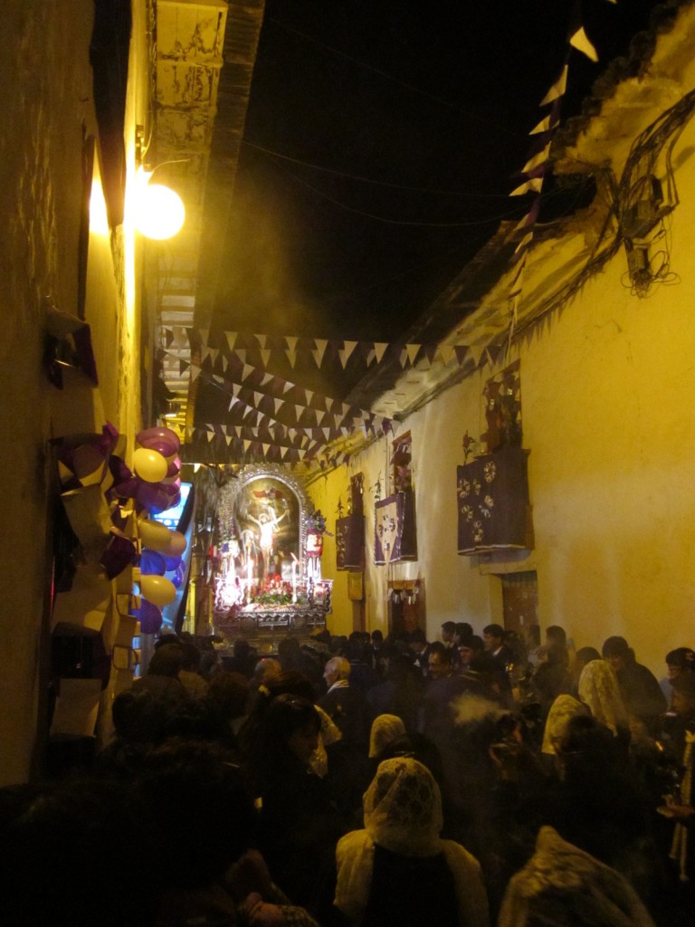 The processional for the El Senor de los Milagros (Lord of the Miracles) makes its way through the streets of Cusco, Peru during the annual event held in October.  Each year, Peruvians celebrate the preservation of the Lord of Miracles mural, which has survived vindictive people as well as natural disasters. 